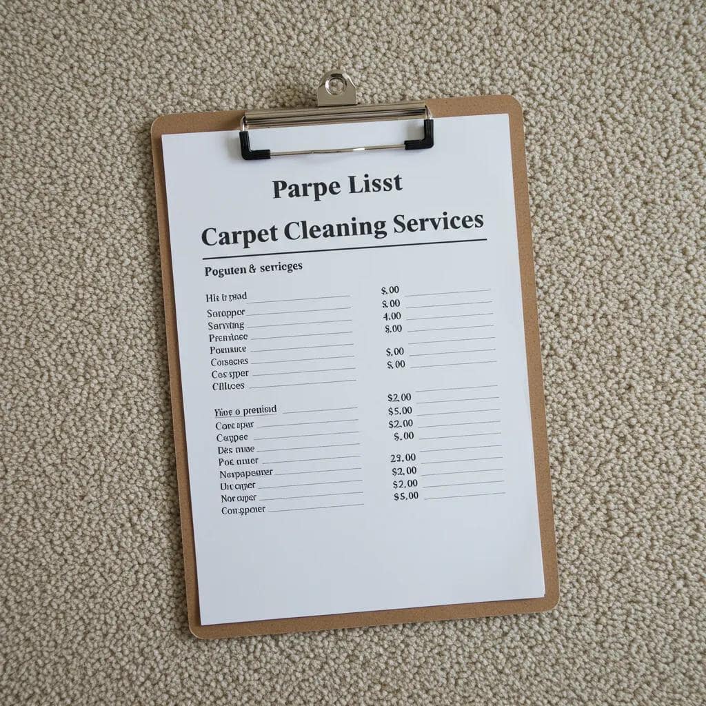 Price list for carpet cleaning services on a clipboard with a clean carpet background
