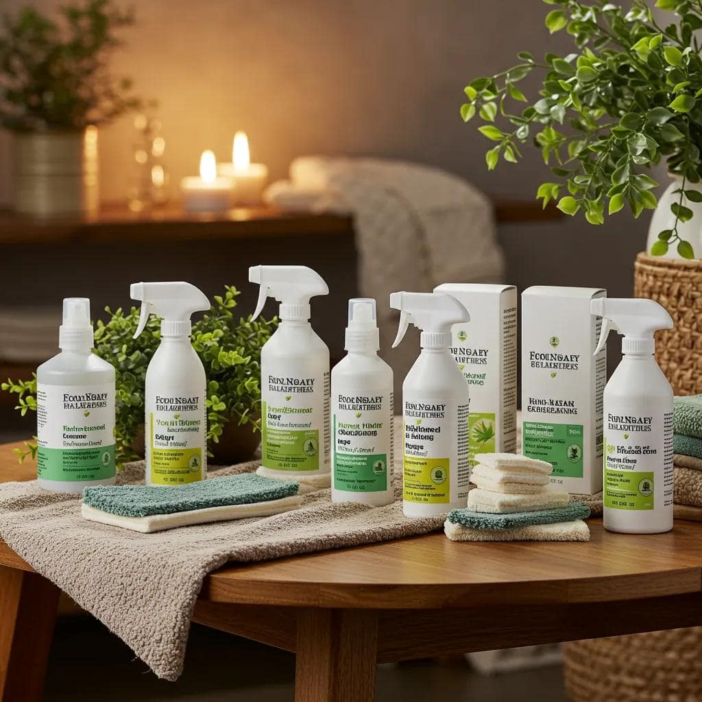 Eco-friendly carpet cleaning products displayed on a table with natural elements, highlighting family-safe solutions