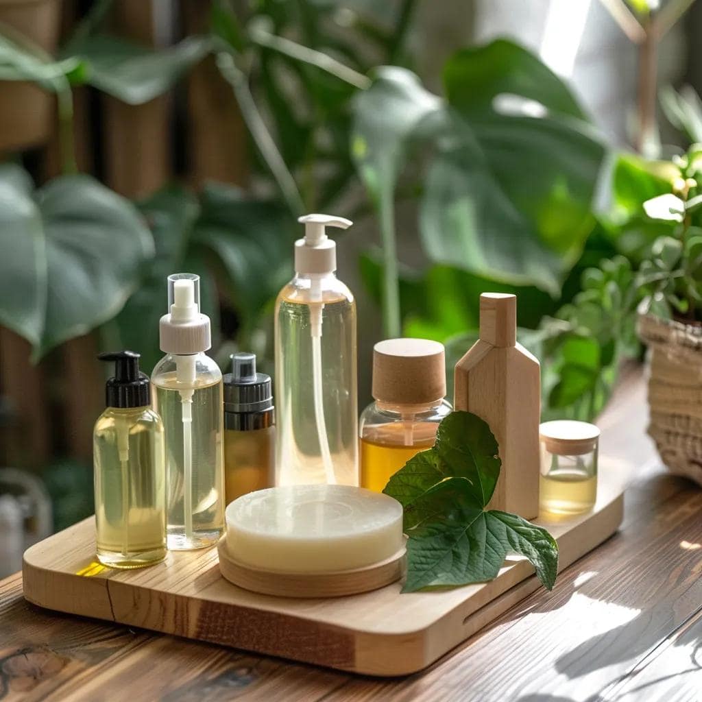 Eco-friendly carpet cleaning products displayed on a wooden table with plants in the background